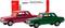 Two model cars, red and green, in front of packaging with the inscription 'Minikit Construction Kit for Hobbyists and Model Railway Enthusiasts'.