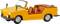 Yellow convertible model car; two seats and steering wheel visible. Vehicle in retro style, shown from the side.