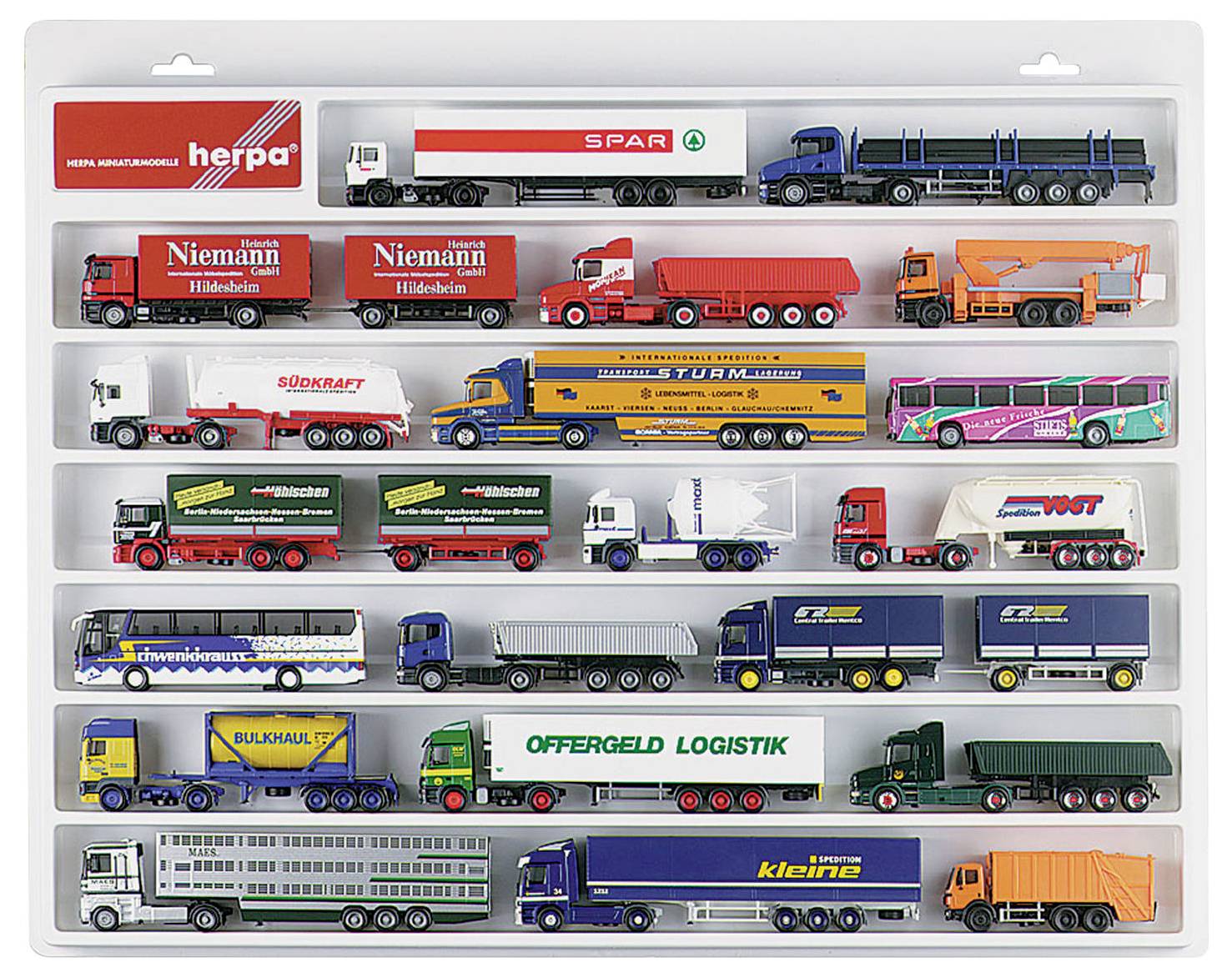 A set of model vehicles in packaging, including trucks, buses and trailers, arranged in five rows.