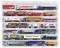 A set of model vehicles in packaging, including trucks, buses and trailers, arranged in five rows.