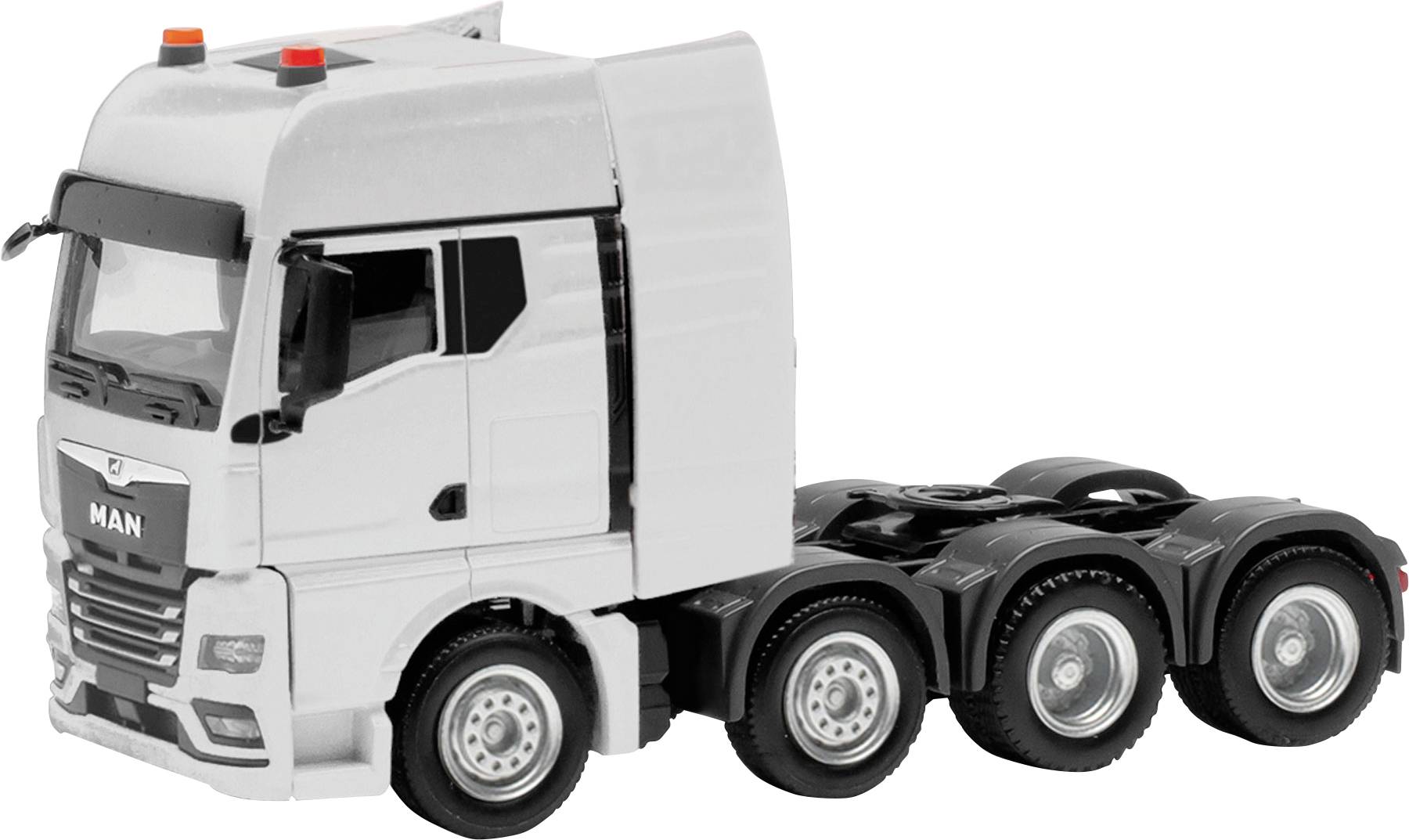 A gray model truck with four wheels, without a trailer, viewed from the side.