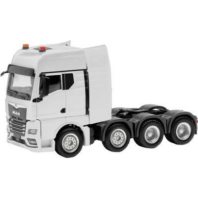 A gray model truck with four wheels, without a trailer, viewed from the side.
