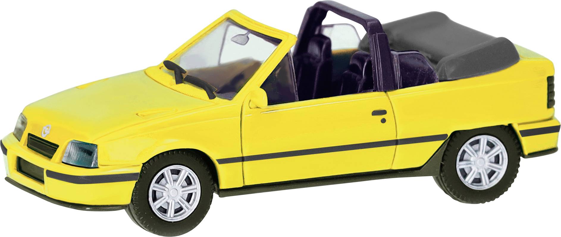 Yellow toy car convertible with open top and silver rims. Vehicle is shown from the side.