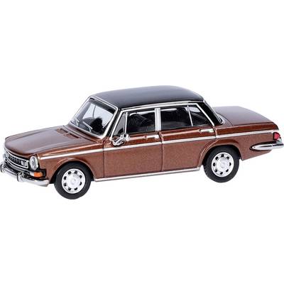 Brown model car of a classic four-door vehicle with black roof, shown from the side.