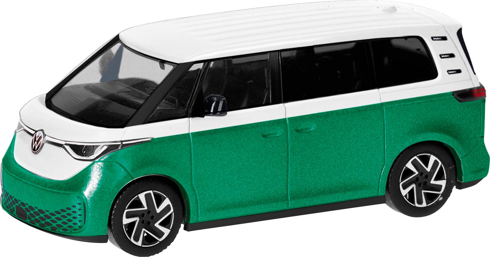 Green and white scale model car of a modern van, photographed from the side.
