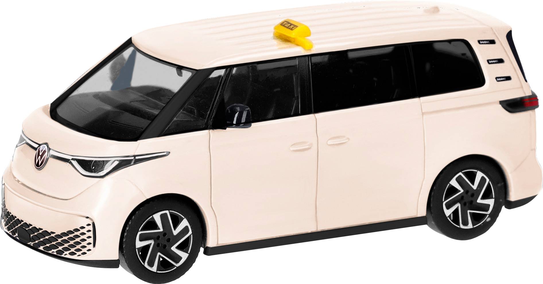 A cream-colored VW van with a yellow taxi sign on the roof, photographed from the side.