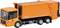 An orange garbage truck on a white background. The truck has three axles and is ready for waste transport.