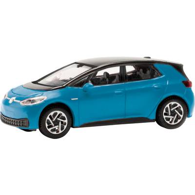 A blue model car with black accents, stylized as an electric car, stands on a white surface.