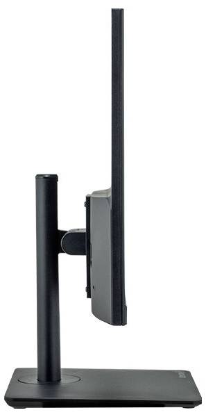 An ultra-thin black computer monitor in profile shows its sleek design, mounted on a sturdy stand.