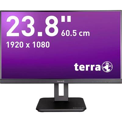 A computer monitor with the text '23.8", 60.5 cm, 1920 x 1080' and the brand name 'terra' on a purple background.