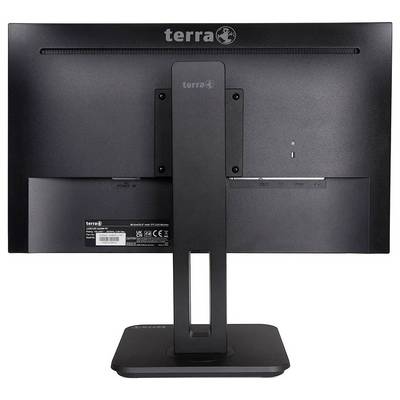 A black computer monitor from behind, with the brand logo "terra", mounted on an elegant, adjustable stand.