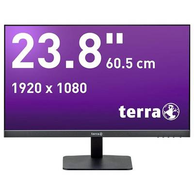 'Monitor with 23.8-inch, 60.5 cm screen, with Full HD resolution 1920 x 1080. Black bezel, purple screen background.'