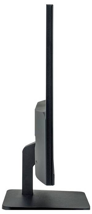 Sleek flat-screen monitor viewed from the side, showcasing its minimalist thinness; black bezel and sturdy stand.
