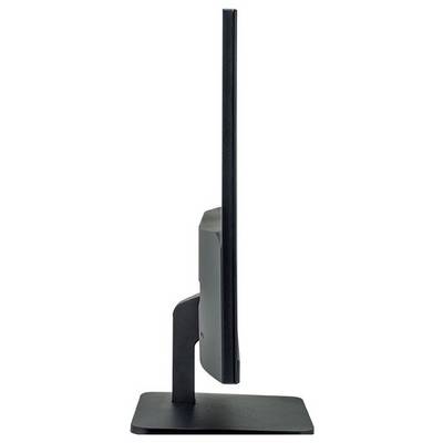 Sleek flat-screen monitor viewed from the side, showcasing its minimalist thinness; black bezel and sturdy stand.