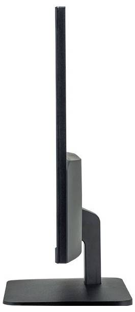 Side view of a flat computer monitor on a slim black stand.