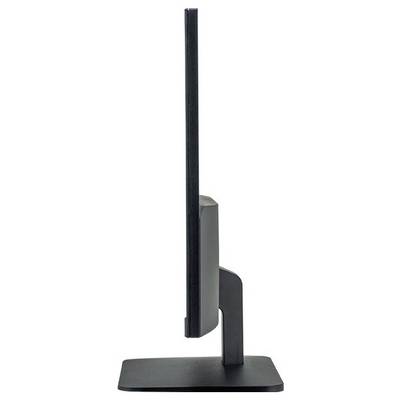 Side view of a flat computer monitor on a slim black stand.