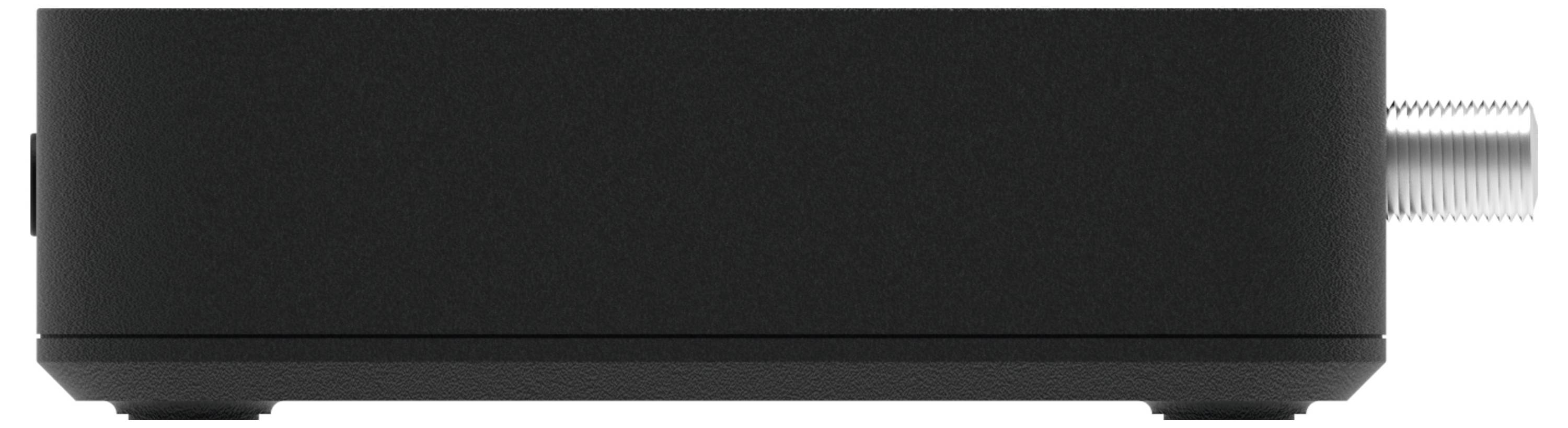 A black, rectangular device with a connection on the right side, potentially for electronic connections or antennae.