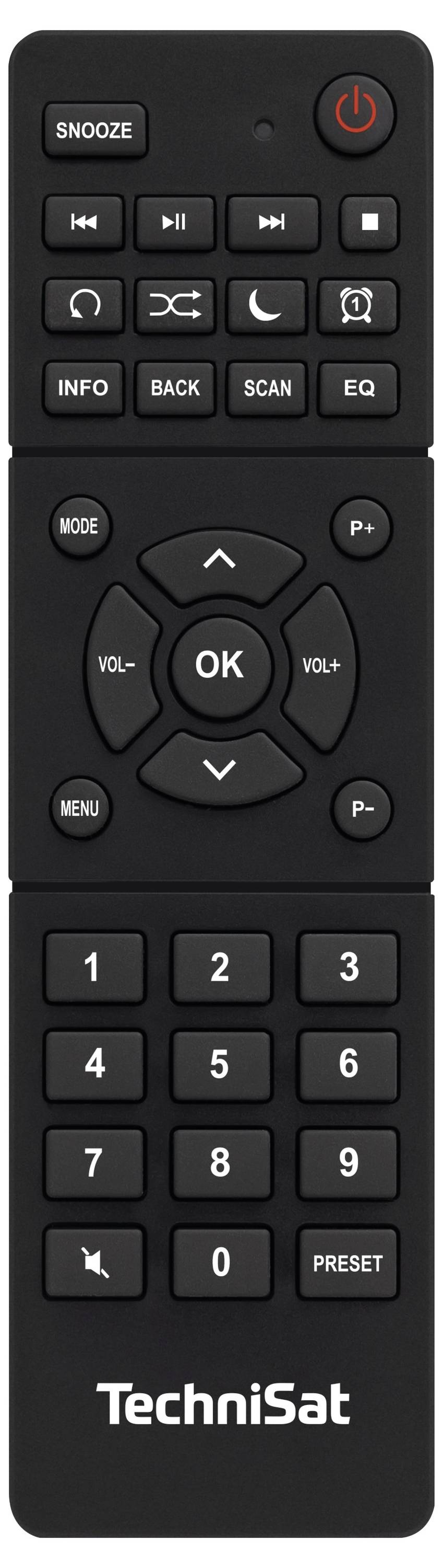 Black remote control by TechniSat with buttons for power, volume, channel change, OK, numbers 0-9 and function control.