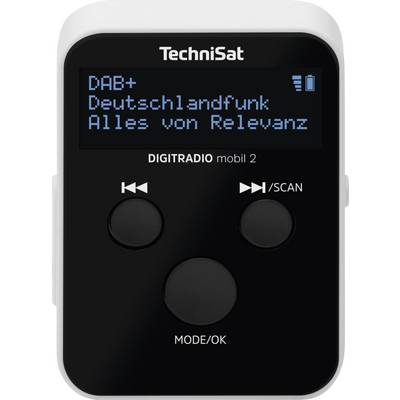 Portable digital radio with display showing 'DAB+ Deutschlandfunk All of Relevance'. Four buttons, Technisat brand name at the top.