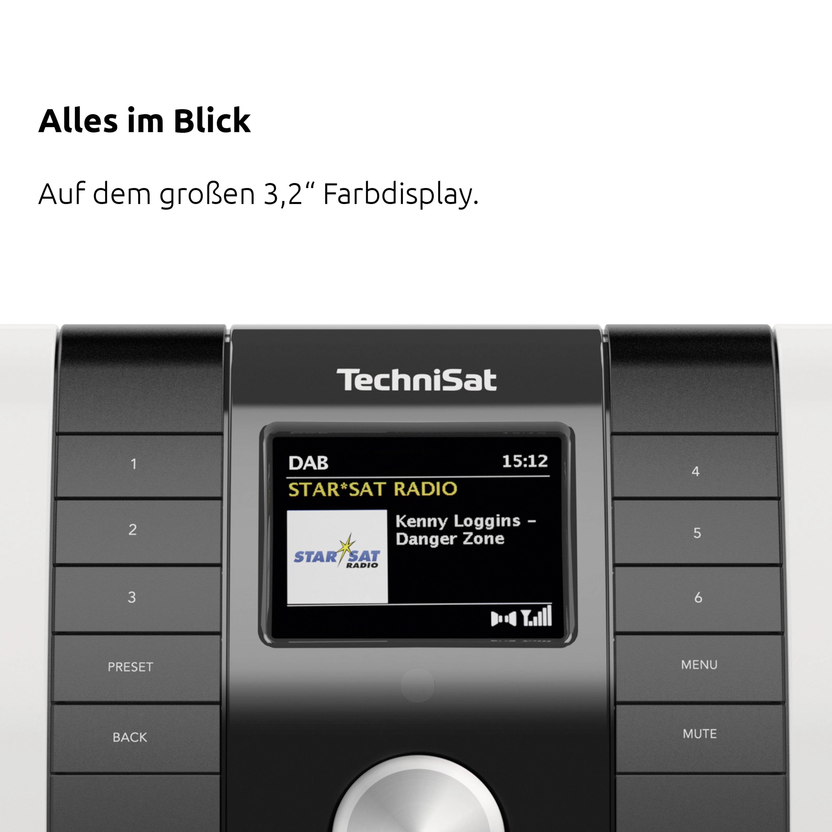 Radio with 3.2-inch colour display showing 'Kenny Loggins - Danger Zone' in the current track. Functional buttons are located to the left and right of the display.