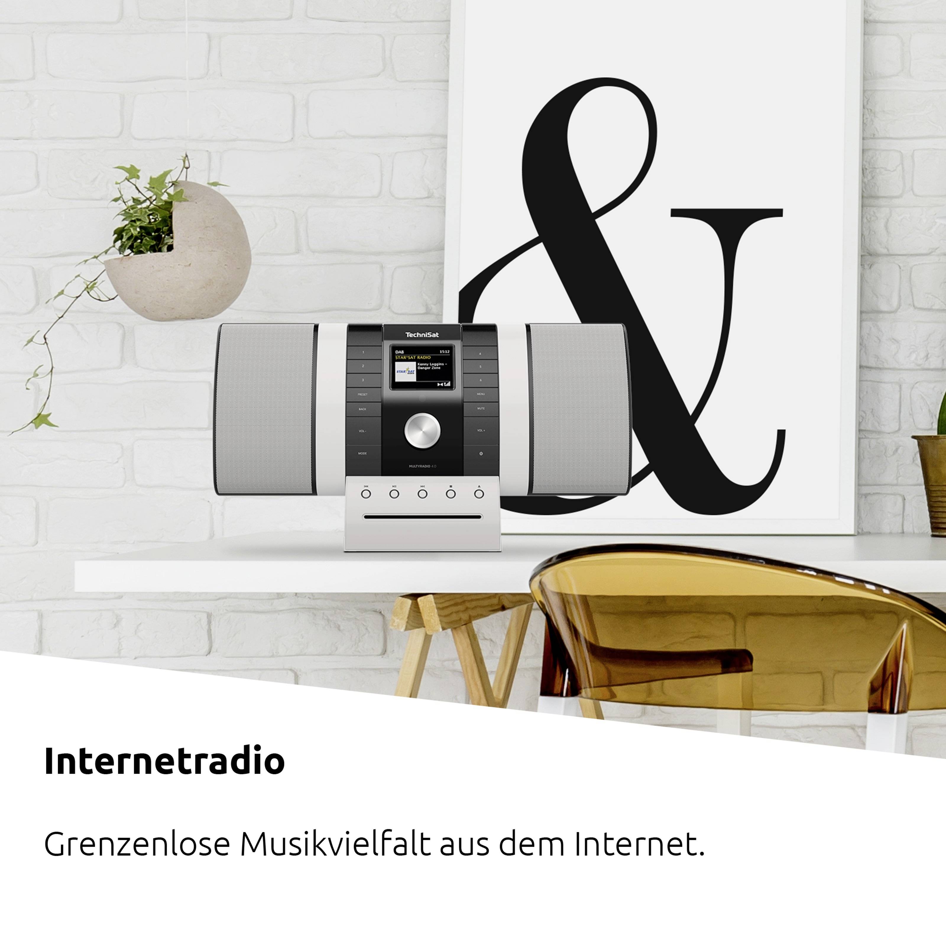 Internet radio on a white table in front of a large '&' sign; plants and a brown chair beside it. Text: 'Boundless musical diversity from the internet.'