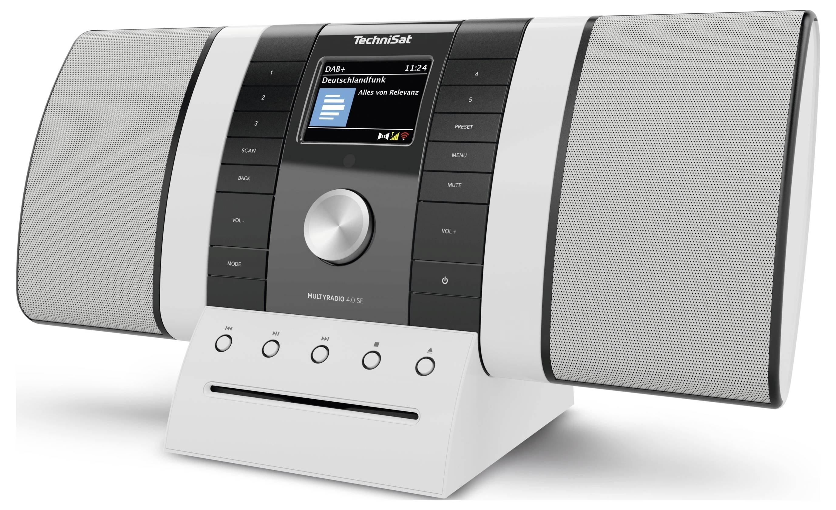 A white and black music system with speakers, display, control buttons, and CD slot, showing a radio station on the screen.