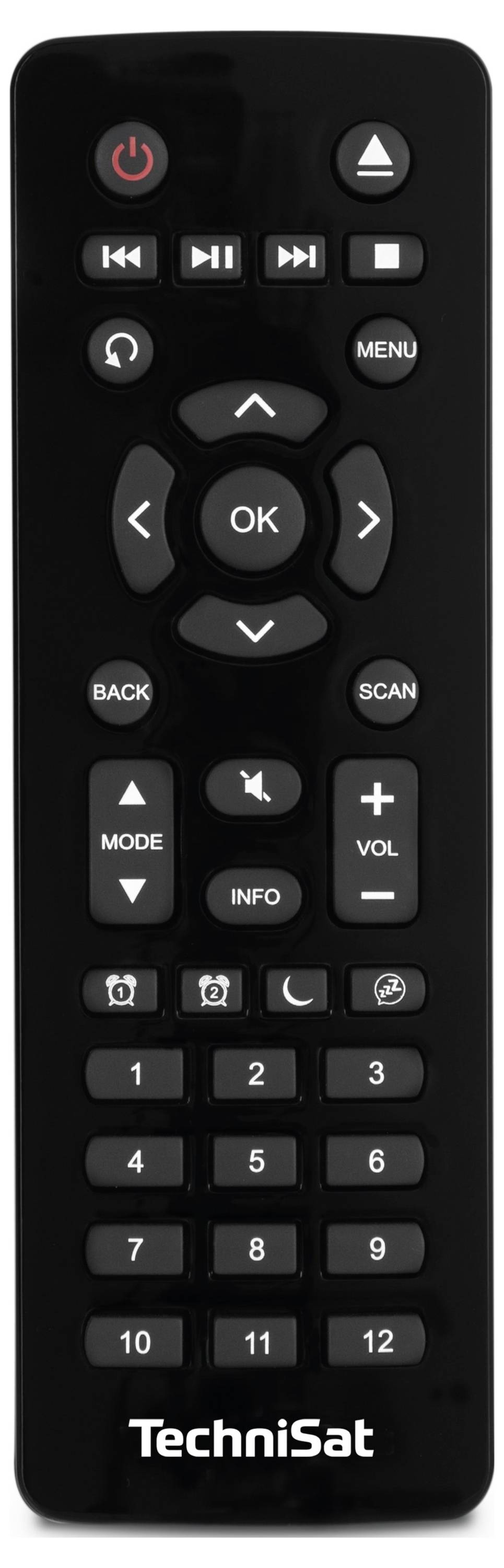 A black remote control with numbers from 1 to 12, typical control buttons and the 'TechniSat' logo at the bottom edge.