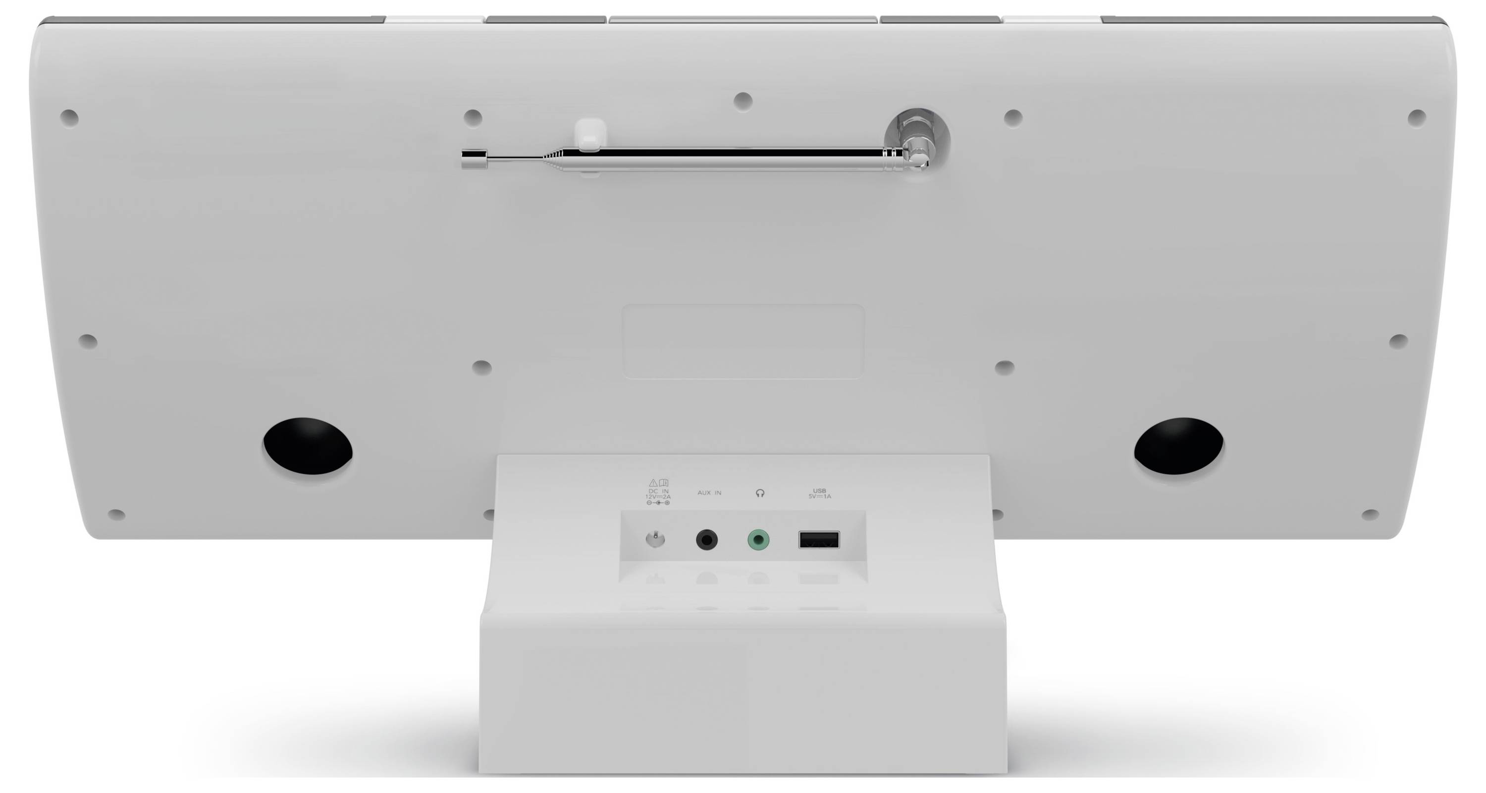 Back of a white monitor with two speakers, a stand, and connection ports.