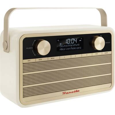 A retro radio with a wood-effect finish displays '10:04' on its screen and the station 'Deutschlandfunk'. The volume control is located on the left.