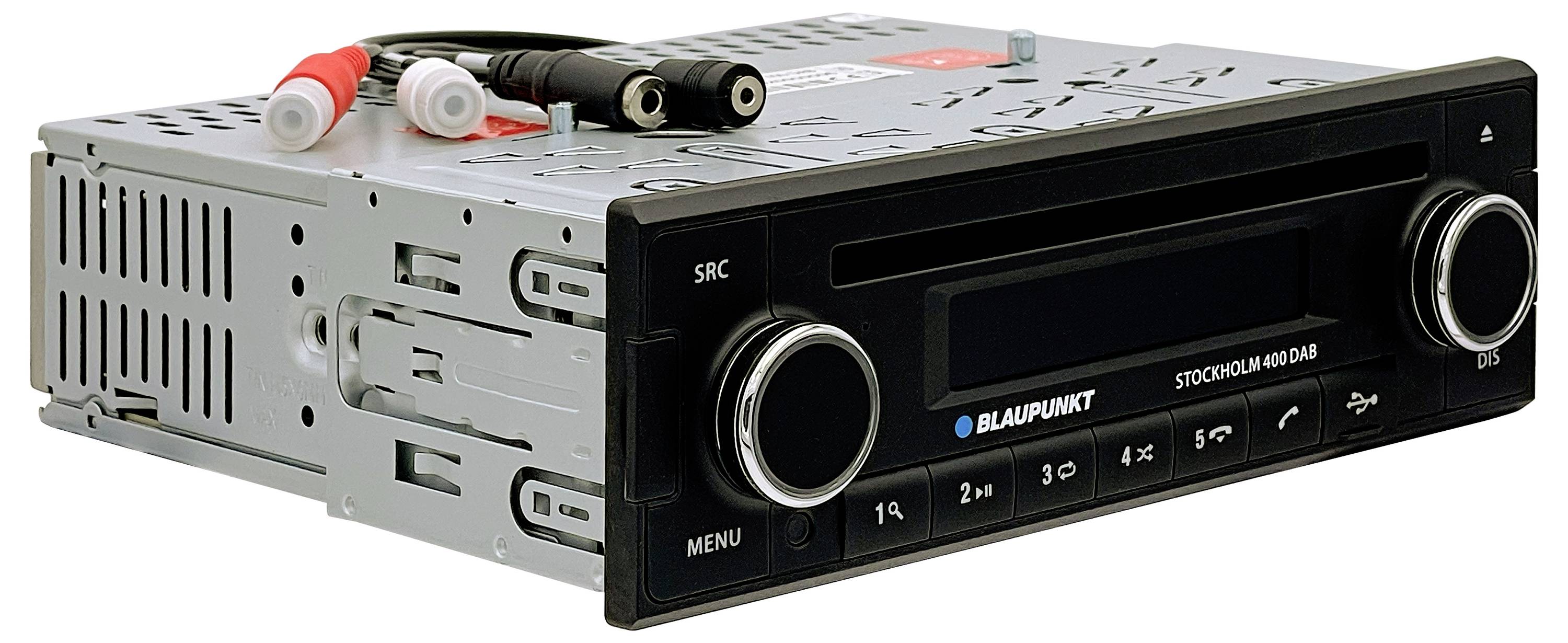 Car radio with a black front panel and large display. Rotary knobs on the left and right. Brand name 'Blaupunkt' visible. Back panel with connections.