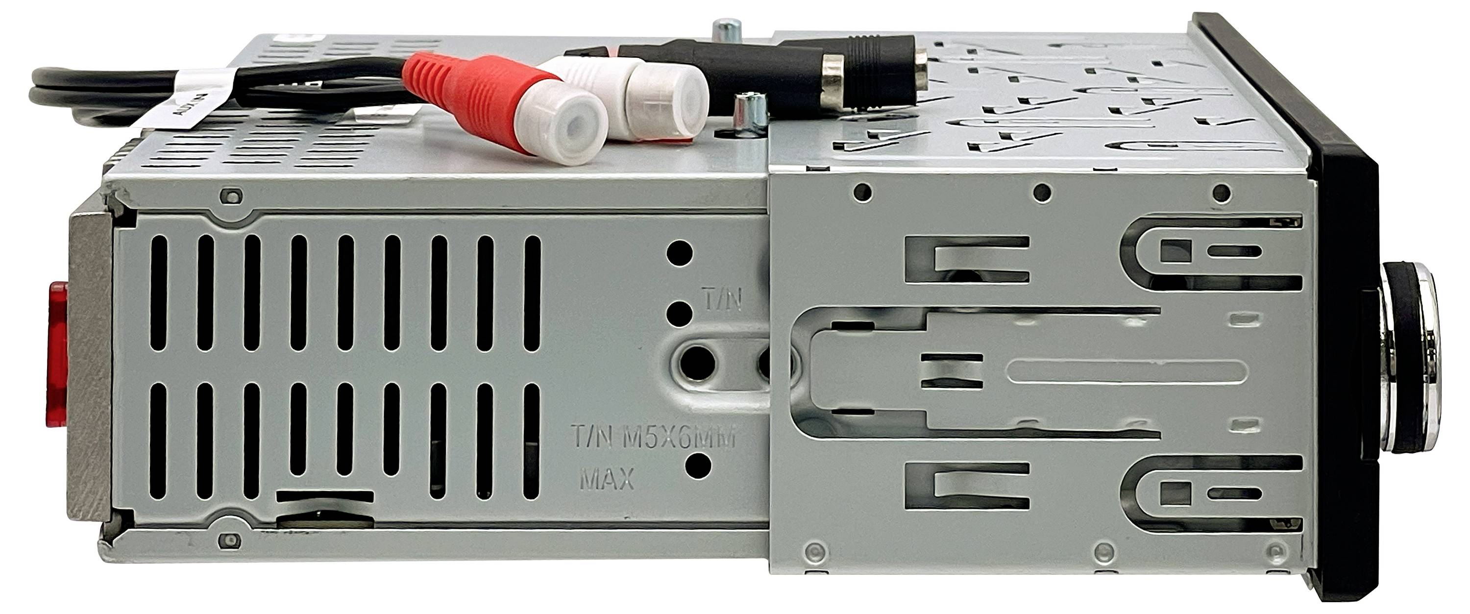 Car radio shown from the side, with multiple connections on top and a metal casing.