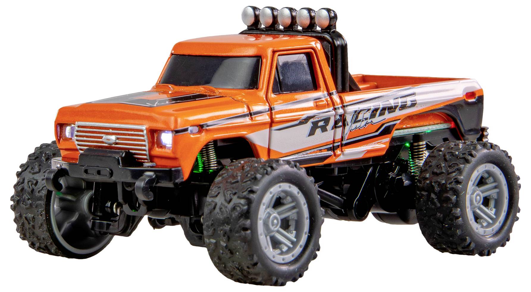 Toy monster truck in a vibrant orange, featuring large tyres and a sturdy frame, displaying a sporty design and off-road aesthetic.