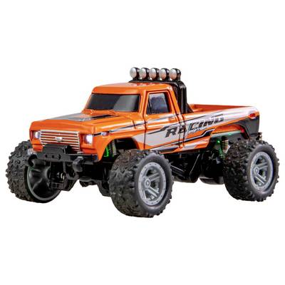 Toy monster truck in a vibrant orange, featuring large tyres and a sturdy frame, displaying a sporty design and off-road aesthetic.