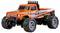 Toy monster truck in a vibrant orange, featuring large tyres and a sturdy frame, displaying a sporty design and off-road aesthetic.