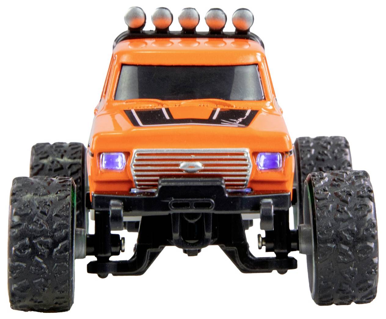 An orange toy car in an off-road vehicle style, viewed from the front, with large tyres and bright blue headlamps.