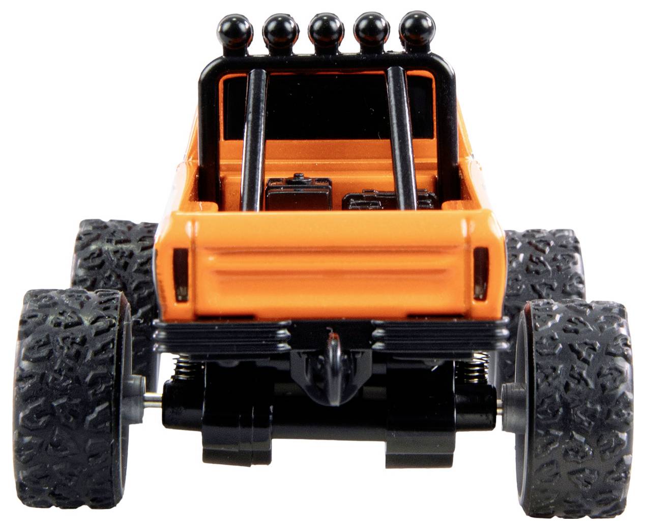 An orange toy off-road vehicle with large, black tyres, viewed from behind. The vehicle has four lights mounted on its roof.