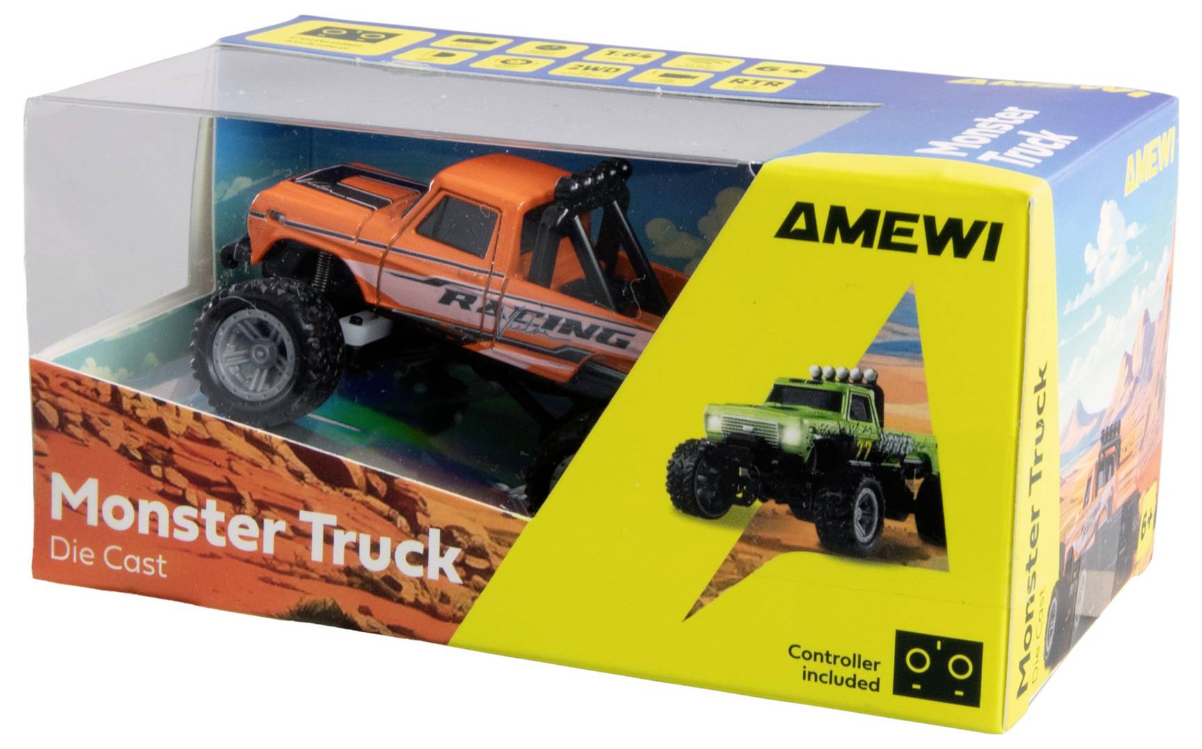 'Monster Truck Die Cast' in orange in packaging. Includes remote control. Produced by 'Amewi', showing an image of the truck on sandy terrain.