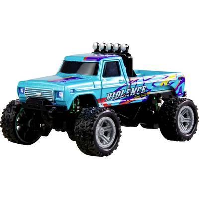 Toy monster truck in vibrant blue with colourful graphics, large wheels, and raised bodywork.