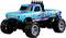 Toy monster truck in vibrant blue with colourful graphics, large wheels, and raised bodywork.