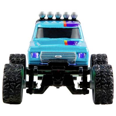 A blue toy monster truck with large, textured tyres and colourful accents on the bonnet, pictured from the front.