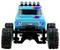 A blue toy monster truck with large, textured tyres and colourful accents on the bonnet, pictured from the front.