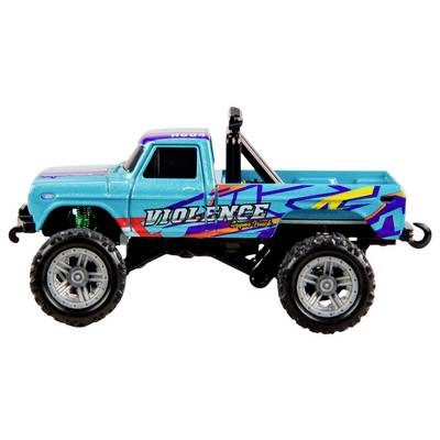 A light blue toy monster truck model with a colourful design and the words 'Violence' written on the side.