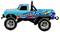 A light blue toy monster truck model with a colourful design and the words 'Violence' written on the side.