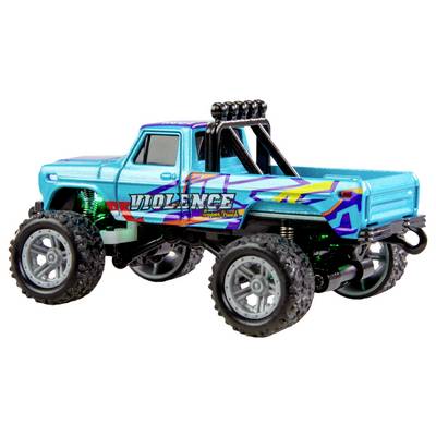 A blue toy monster truck with the word 'Violence' written on its side. The truck has large tyres and a colourful design.