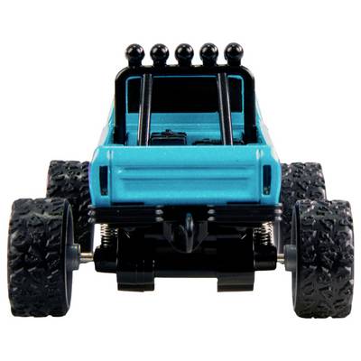 Toy car in blue with large black tyres, front view. The vehicle has a robust design, suitable for rough terrain.