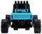 Toy car in blue with large black tyres, front view. The vehicle has a robust design, suitable for rough terrain.