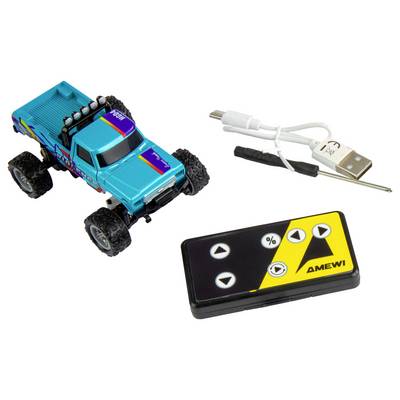 'Blue remote-controlled toy truck with USB charging cable. The truck has large tyres, and the remote control features arrow buttons and the Amewi logo.'