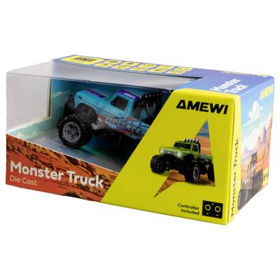 Packaging for an Amewi toy monster truck, in a turquoise colour, with the inscription 'Monster Truck Die Cast', including a controller.