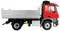 A red lorry with an open flatbed, photographed from the side, against a white background.