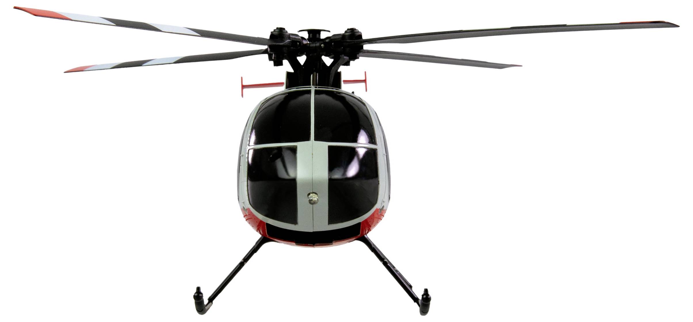 A model helicopter with two rotor blades, viewed from the front, stands on a white background; red and black colour scheme.